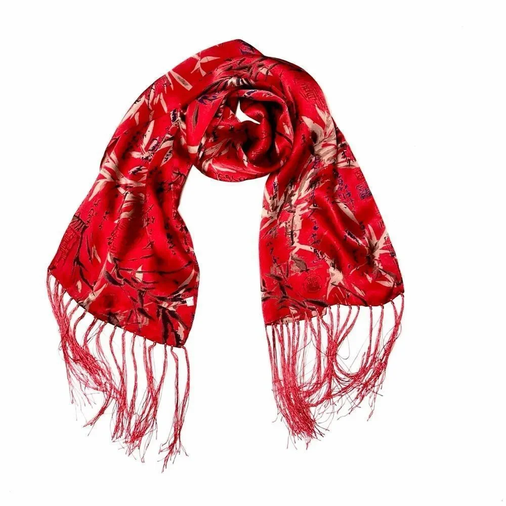 Men's Red Doubled Silk Scarf Hieroglyphs and Floral Bamboo Design Fringed